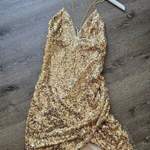 Gold sequin dress with gold chain straps